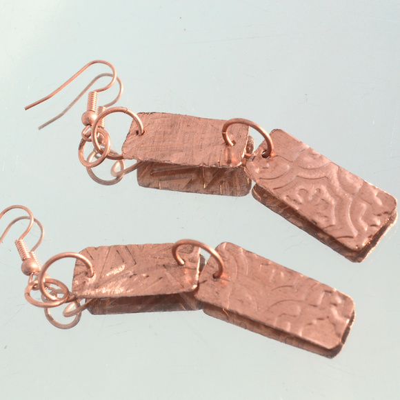 Long Embossed  Solid Copper Earrings Tribal Handmade Boho Artisan Rustic Gift - Picture 5 of 5